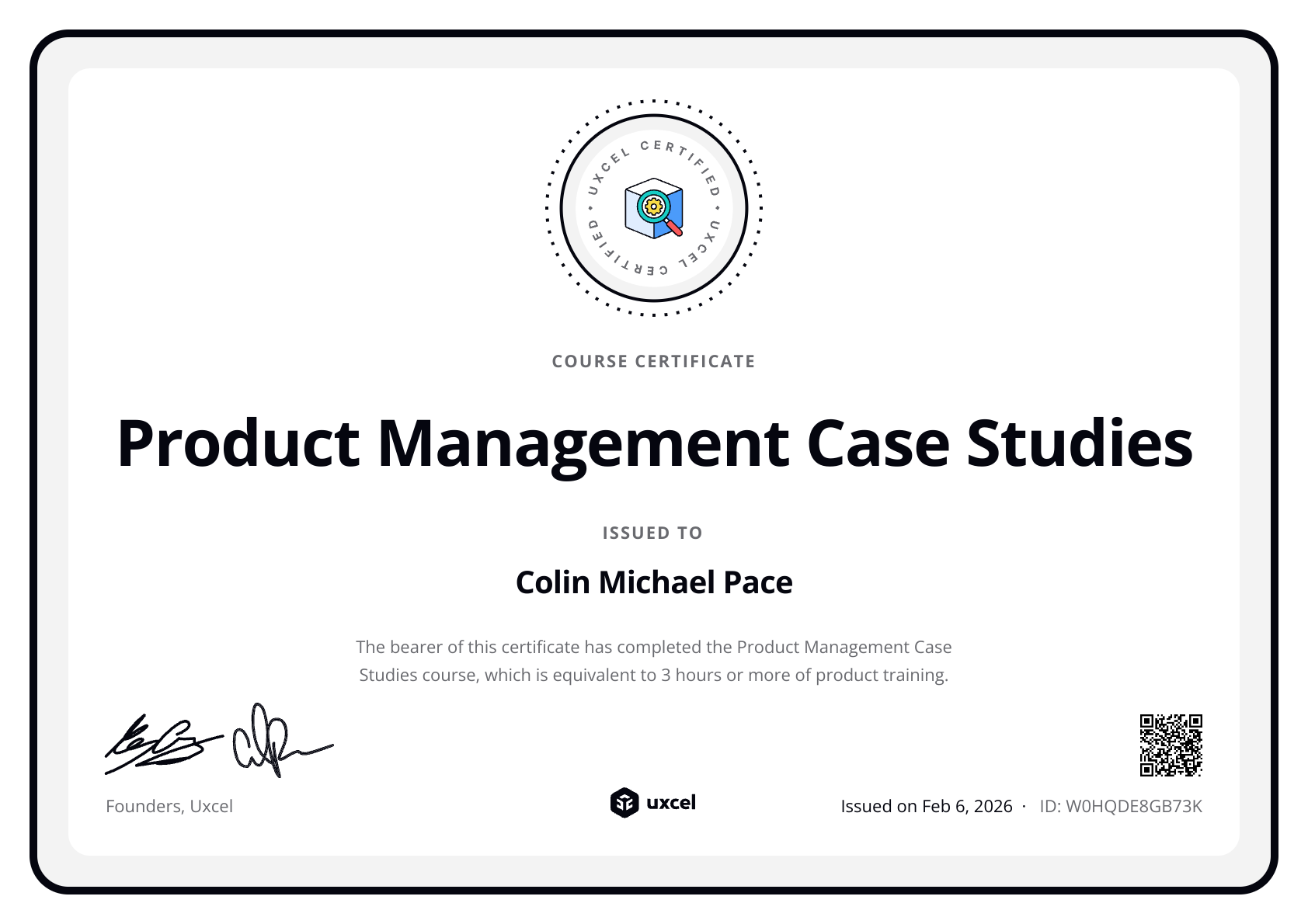 Colin Michael Pace's certificate